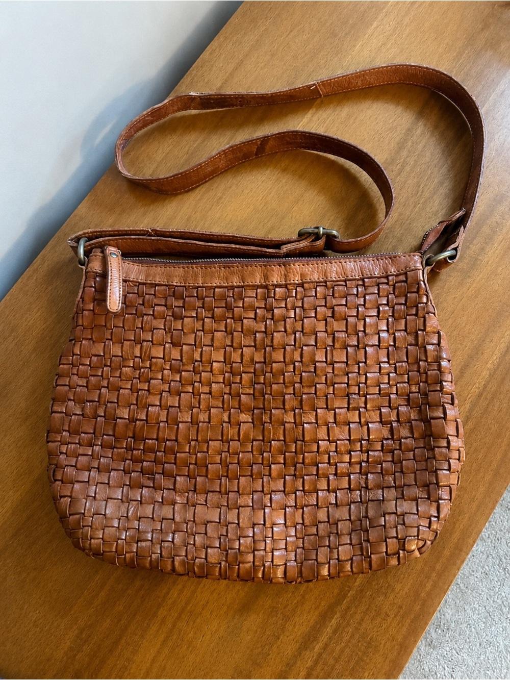 Woven Leather Crossbody Bag - Tan/Light Brown